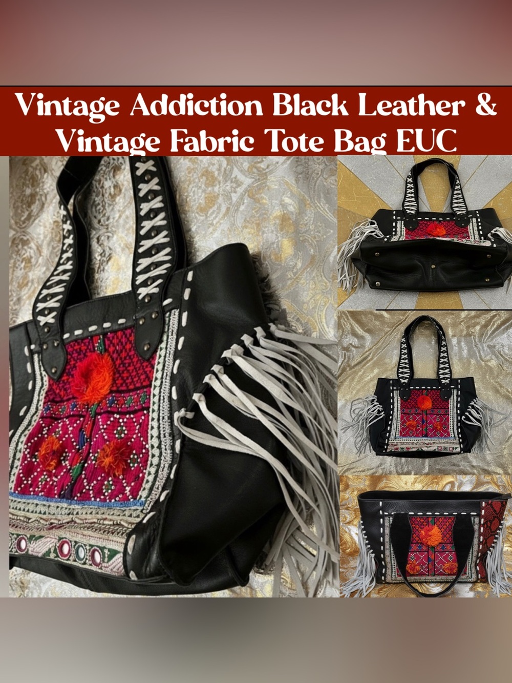 Vintage Addiction Black Leather & Vintage Fabric Tote Bag EUC